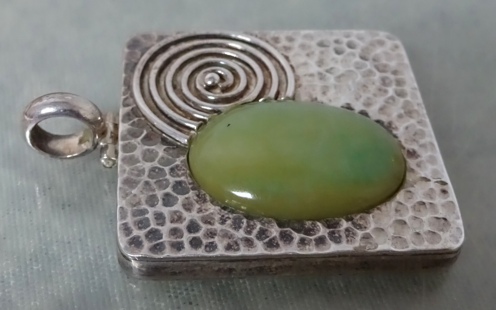 Large Square Hammered 925 Sterling Silver Pendant With Green Cabochon Setting