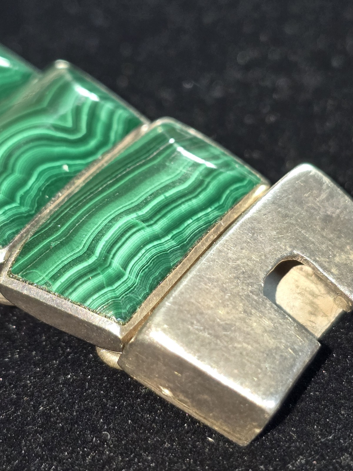 Vintage Mexico 950 Sterling Silver Malachite Inlay Link Panel Bracelet – 6.5”