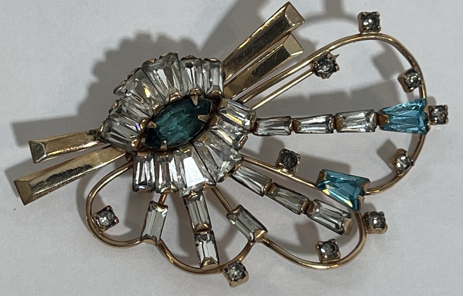 VTG 1/20 12K Gold Filled PHYLLIS Art Deco Style Blue Rhinestone Pendant Brooch