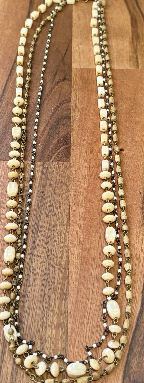 Vintage Boho Layered Multi Strand Cream Bone Bead Rosary Chain Necklace Western