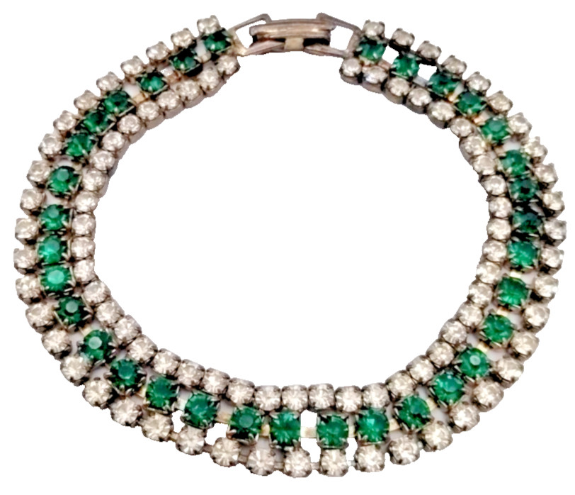 Vintage Emerald Green Rhinestone Bracelet Silver Tone Art Deco Tennis Glass 6.5″