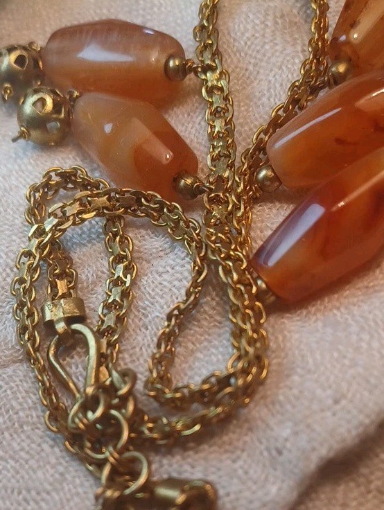 Gemstone Art Festoon Brass Booklink Chain Carnelian Bead Dangle Collar Necklace
