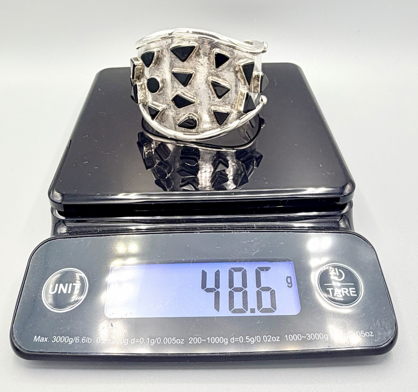 Impressive Modernist Sterling Cuff Bracelet w Onyx Stones 48.6g Brutalist Estate