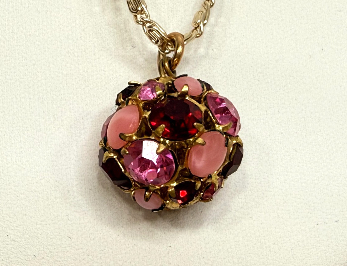 Vintage Necklace Choker Germany Disco Ball Style Pink Gemstones Gold Tone Chain