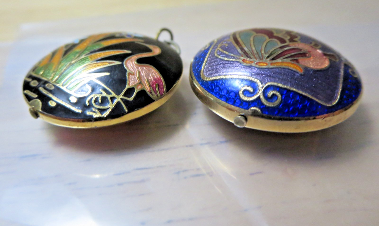 Vintage Cloisonne Flower & Butterfly Superb Pendants Gold Fill Lining Enamel GT
