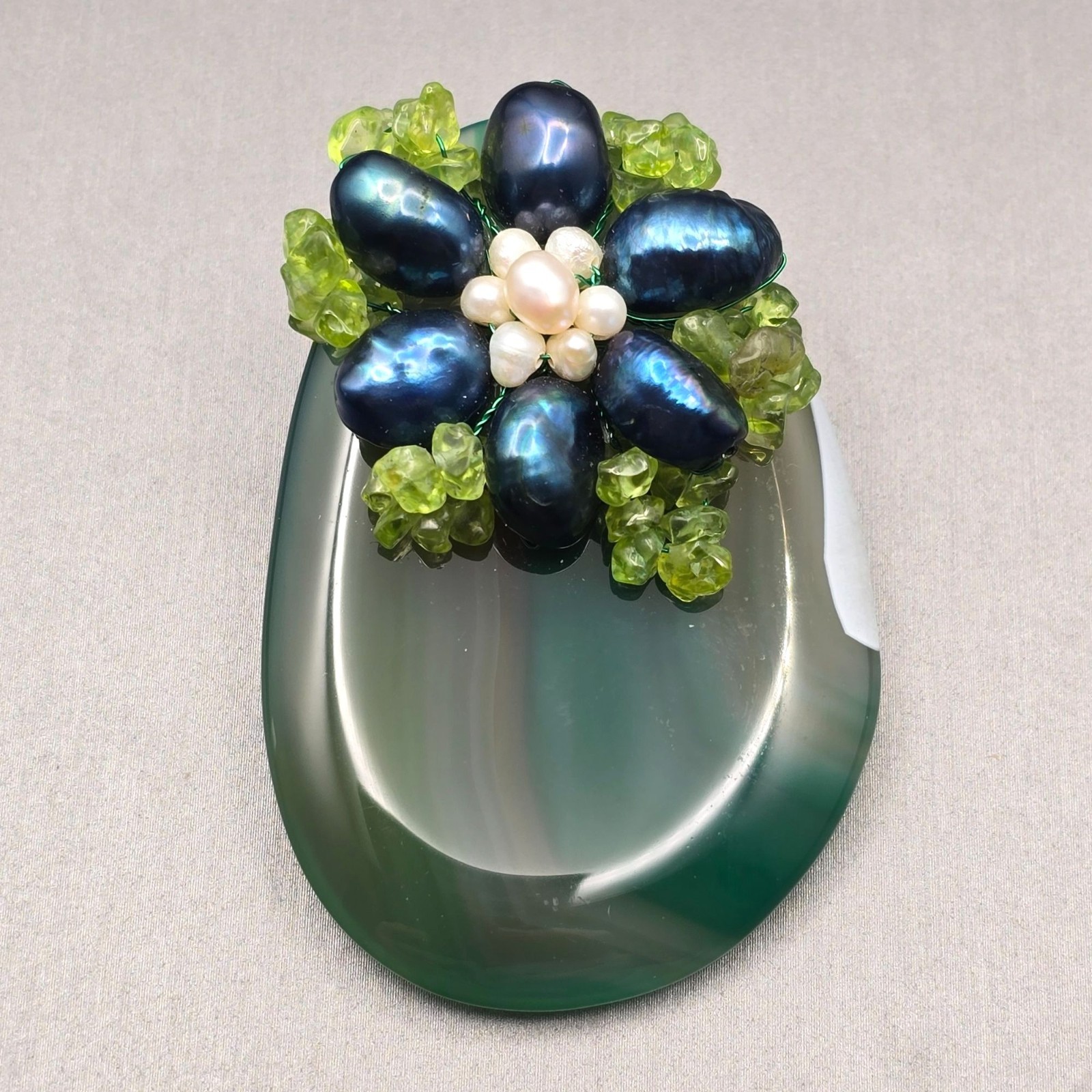 Vintage Green Banded Agate Brooch Pendant Pearl Floral YZ Yashgan Designer