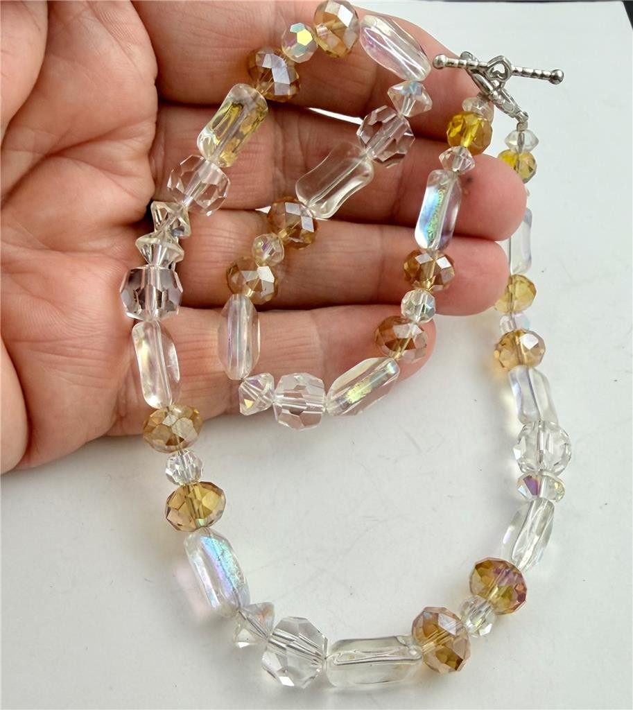 Vintage 90’s Clear & Topaz AB Crystal Glass Beads Toggle Clasp Necklace 17″ L.