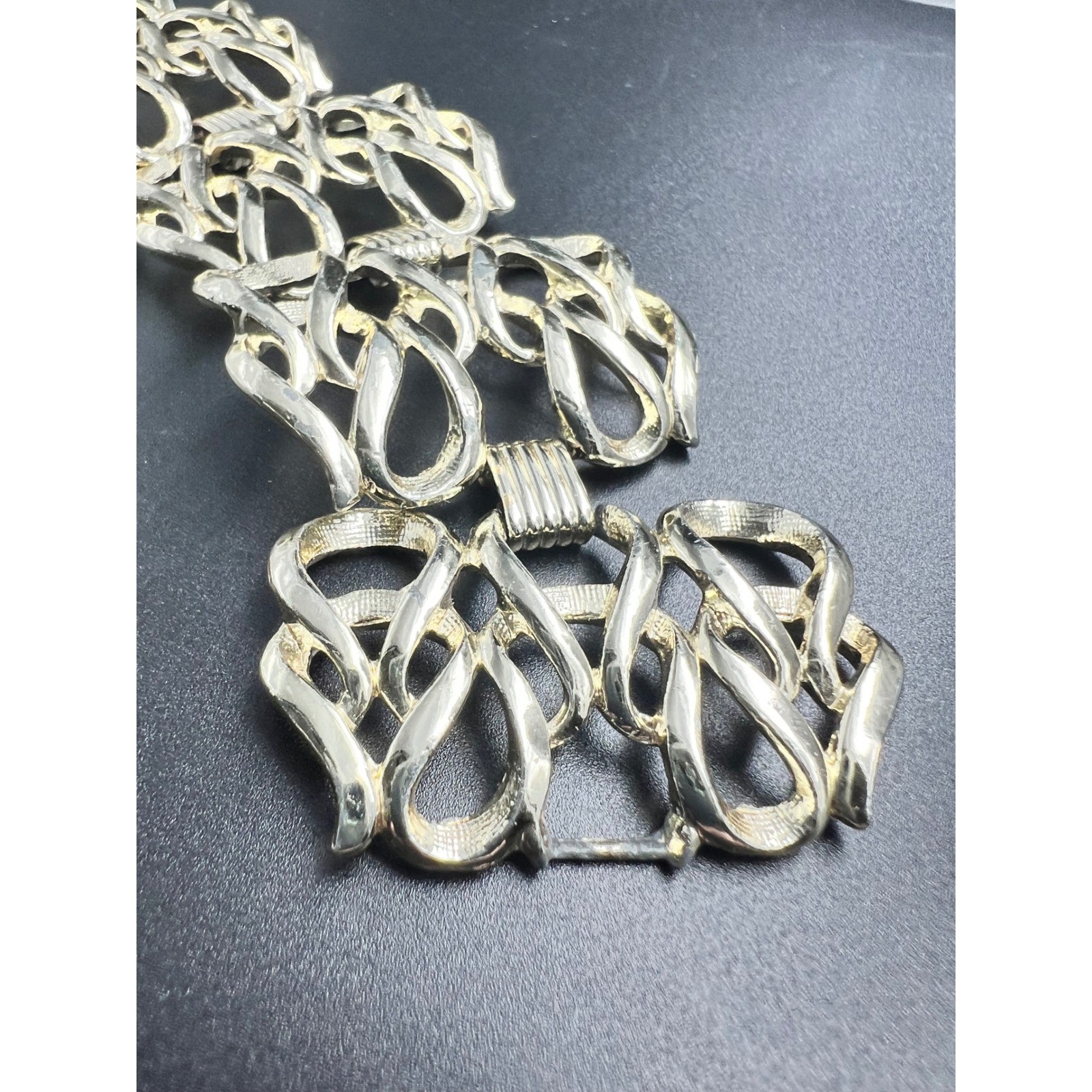 1960s Sarah Coventry Gold Tone Wide Scroll Panel Bracelet, Signed Vintage
