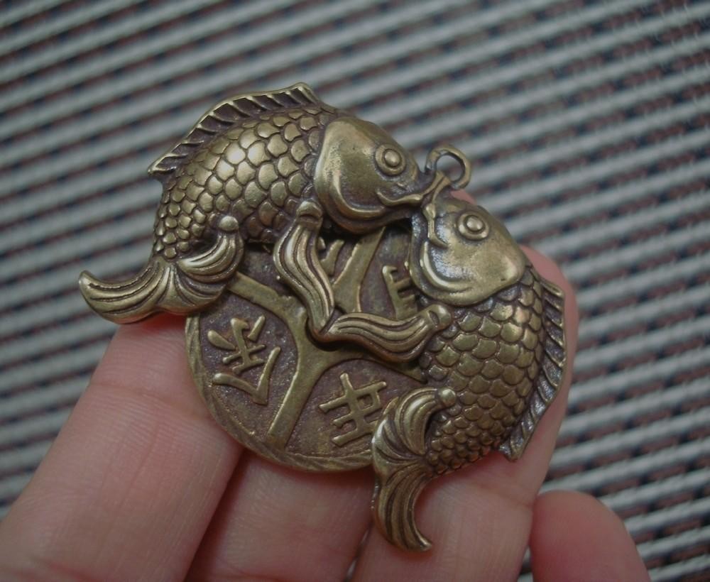 Vintage Style Solid Brass Two Fish Figurine Statue FengShui Pendant Bags Charms