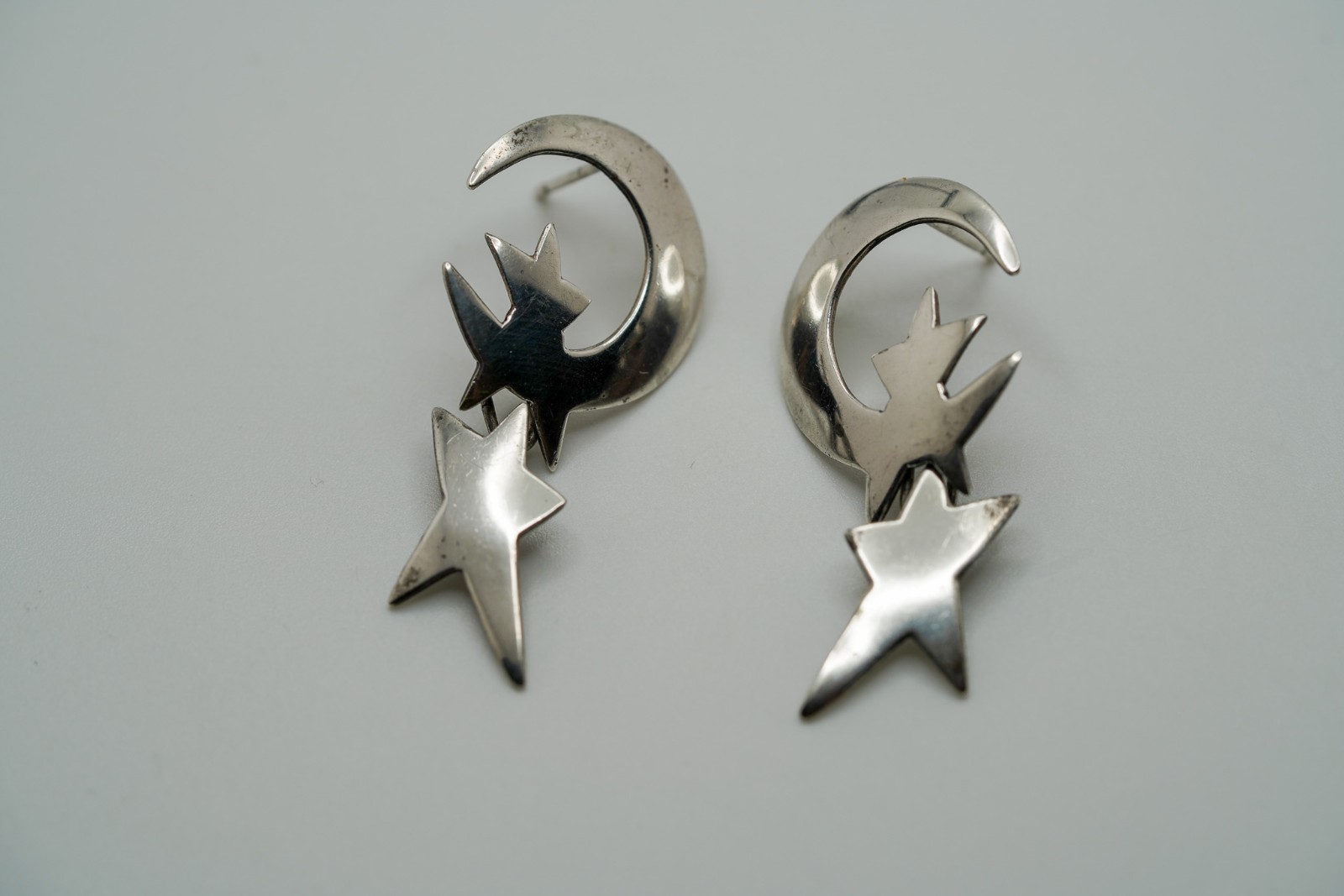 Vintage 1995 Sterling Silver Moon Stars Dangle Earrings 4.2cm JB37