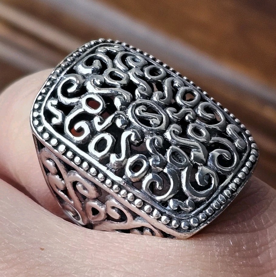Vintage 925 Sterling Silver Ornate Filigree Shield Ring Size 5.75 – 9.6g