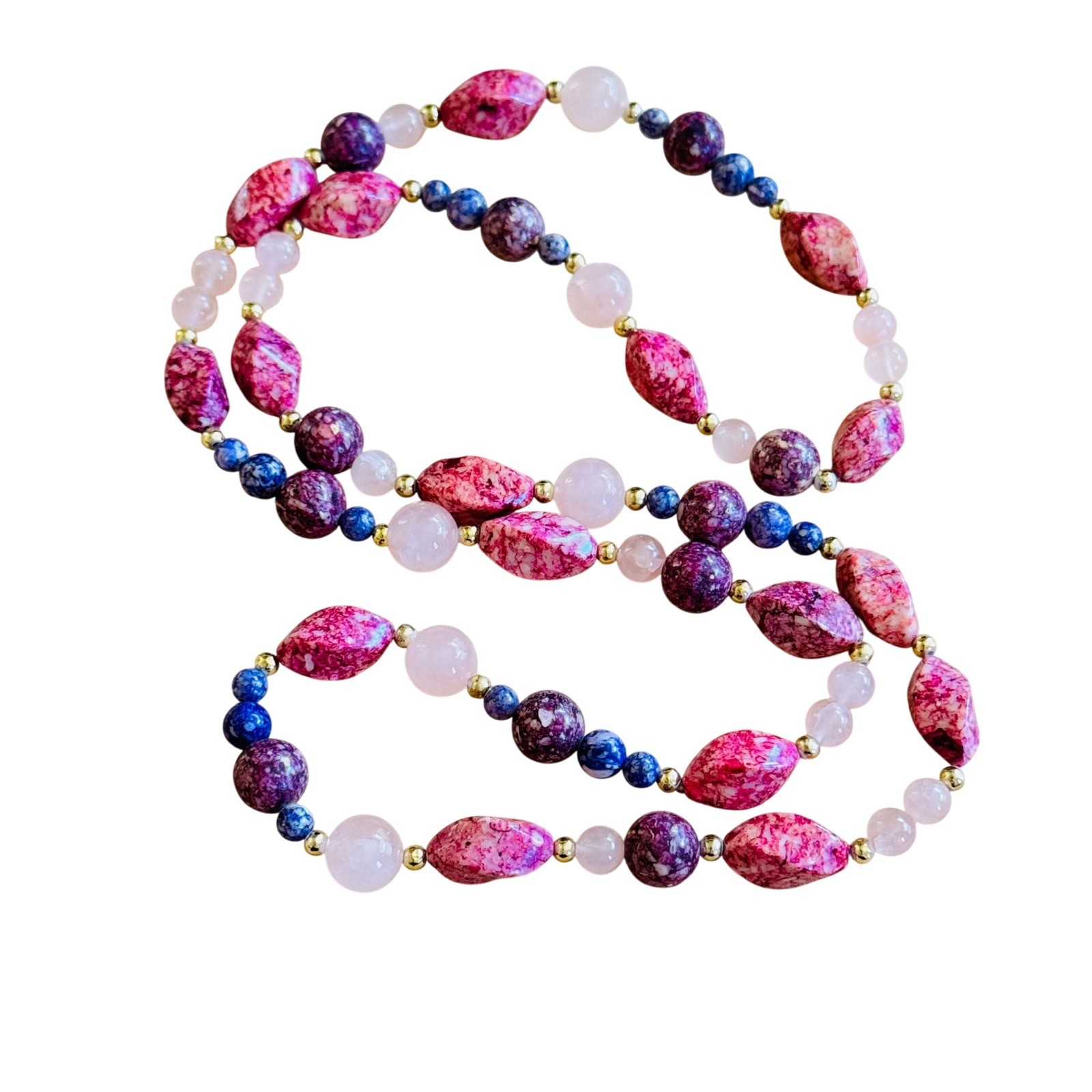 VTG Czech Art Glass Beaded Picasso Necklace Purple Pink Quartz Beads Flapper 34″