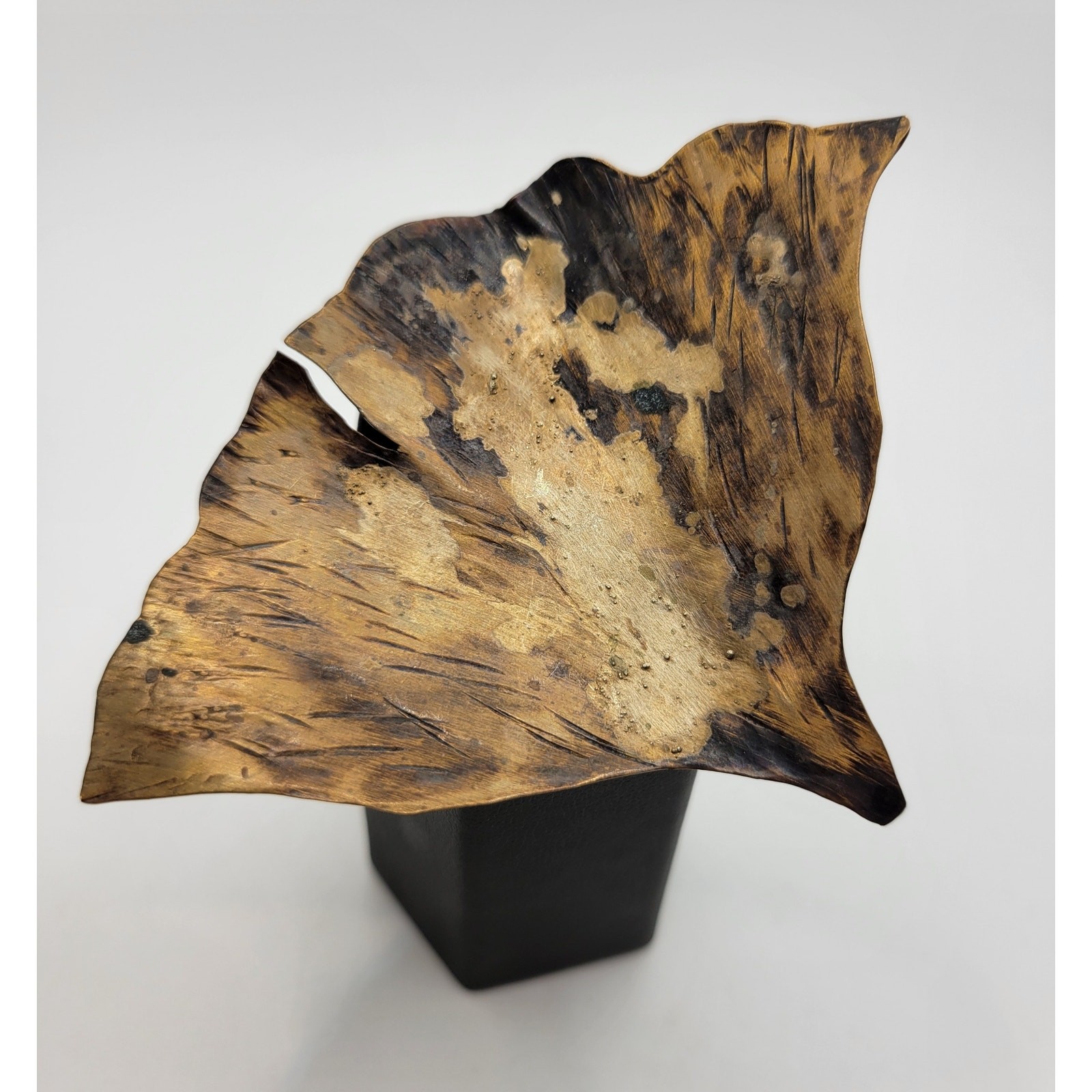 Brutalist Ginkgo Leaf Brooch Earrings Set Artisan Handmade Patina Huge Leaves
