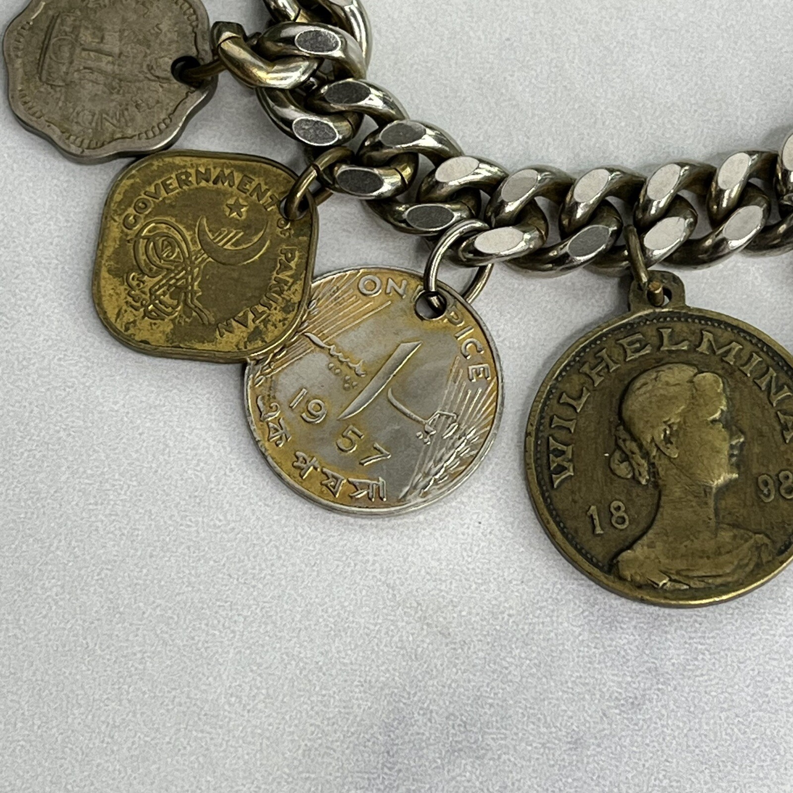 Vintage 13 Coin Charm Bracelet Belgium, India, Pakistan 1957 1959 1955 7”