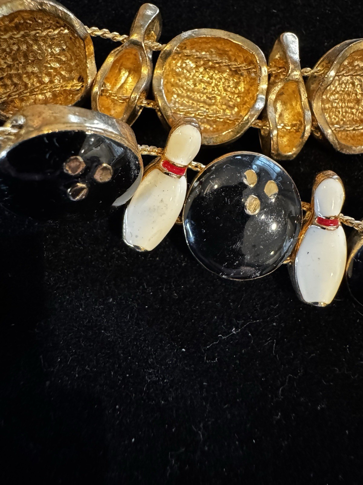 Gold Tone Bowling Ball Bowling Pins Vintage Slide Bracelet 6.5” League