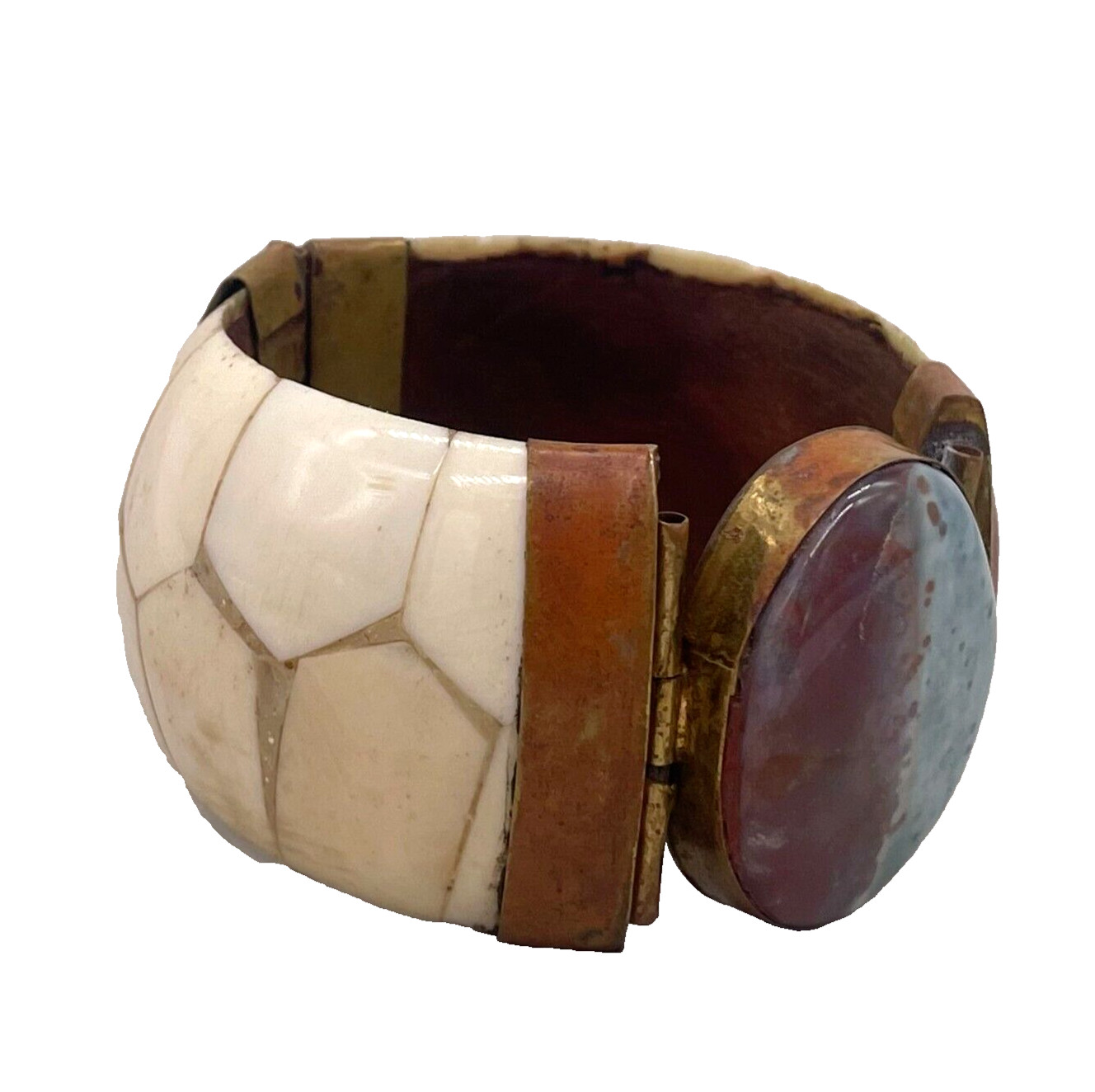 Vintage Brass Stone Wide Bangle Hinged Pin Bracelet Chunky African Tribal Ethnic