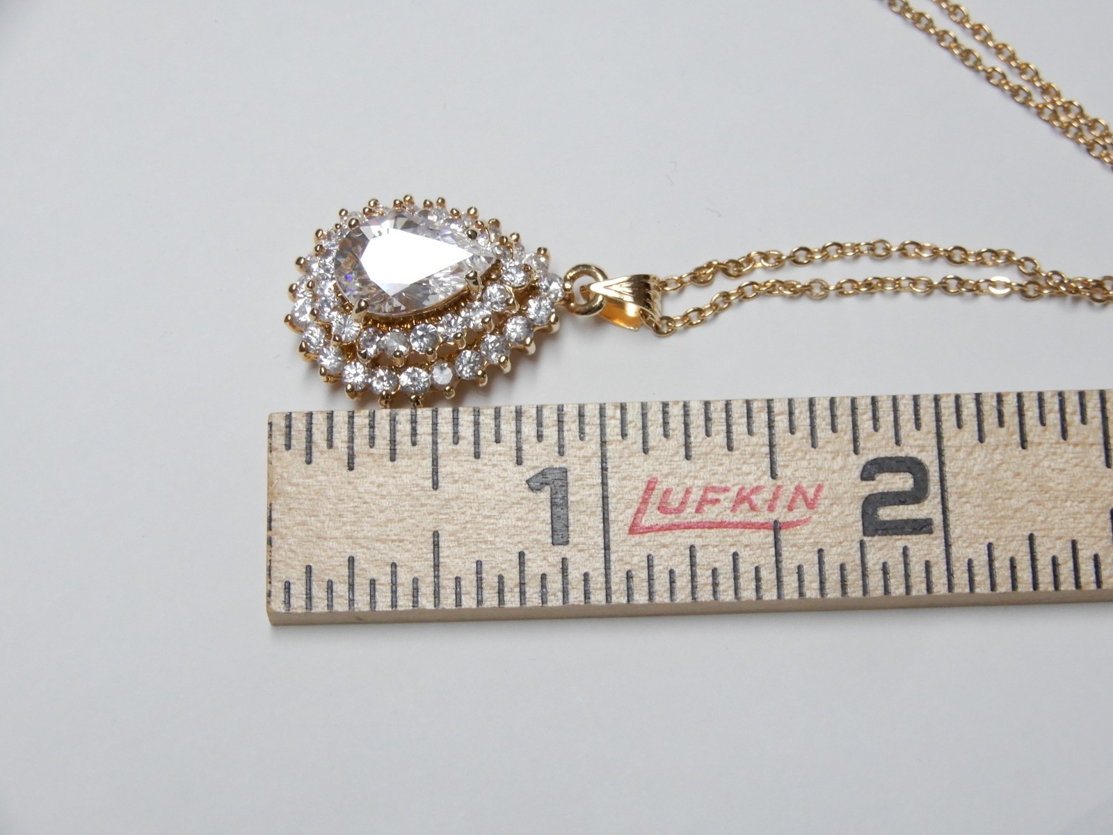 Vintage CZ Layered Teardrop Pendant Gold Tone Necklace 17″ Chain