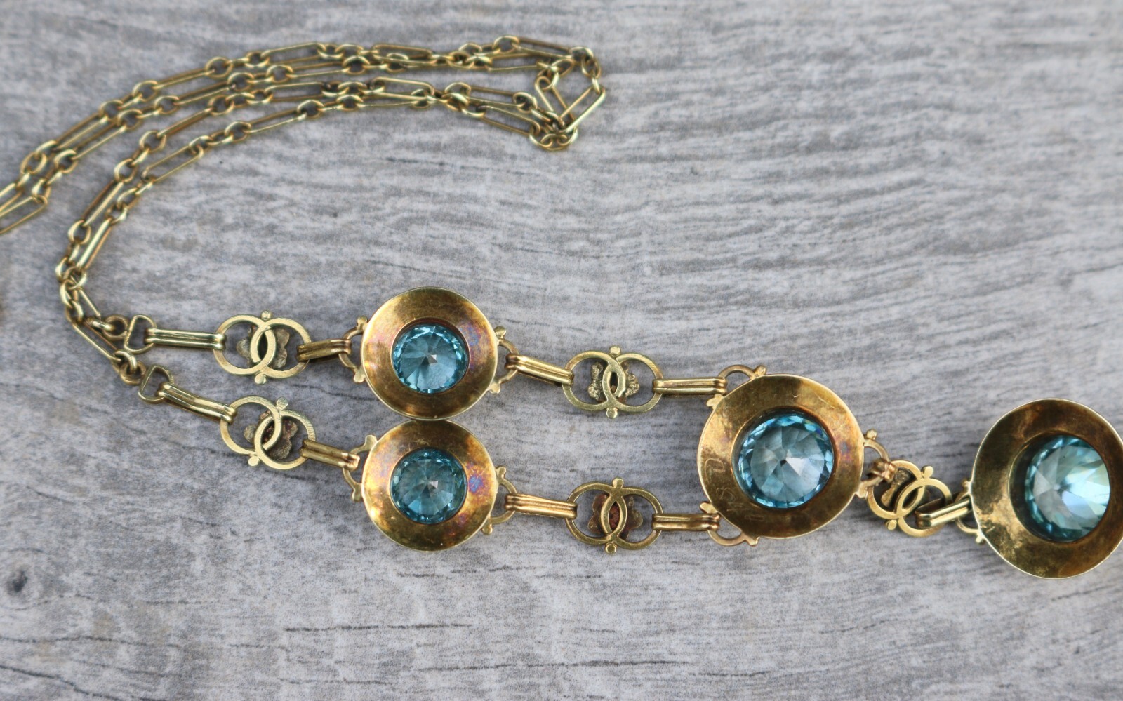 Antique Edwardian 14K Gold Round Vivid Blue Zircons with Seed Pearls Necklace