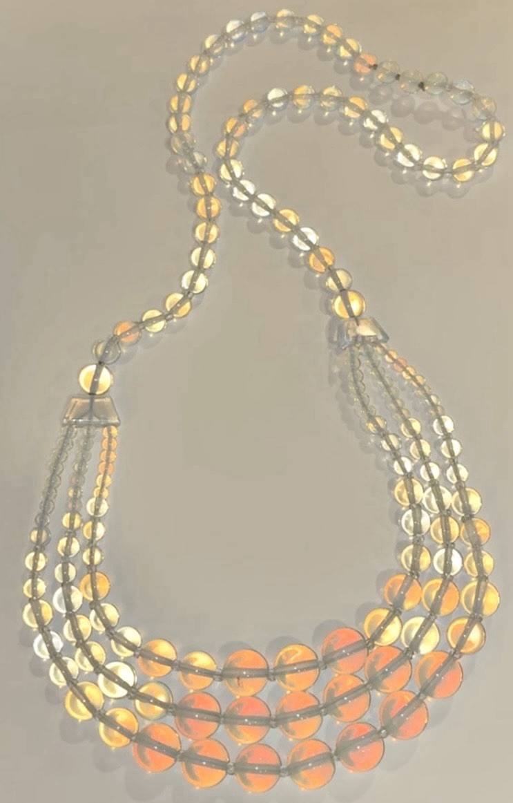 VTG CZECH Art Deco Graduated Blue OPALINE GLASS Triple Strand Festoon NECKLACE