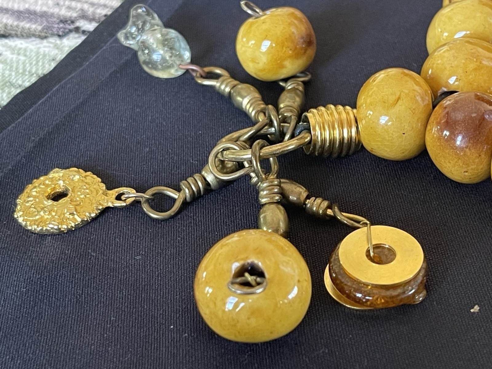 Variegated Honey Colored Egg Yolk Large Bead Tasseled Necklace Brass Spacers EXC