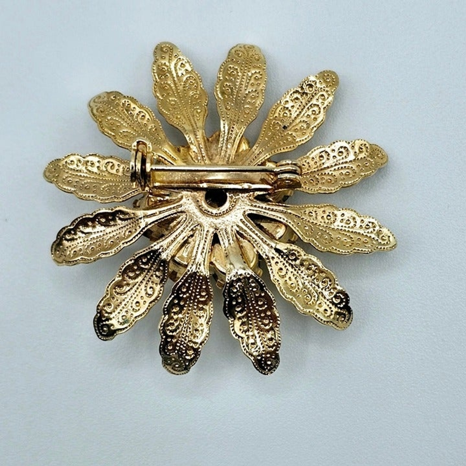 Flower Brooch Honey Rhinestone Filigree Leaves Floral Statement Vintage Pin