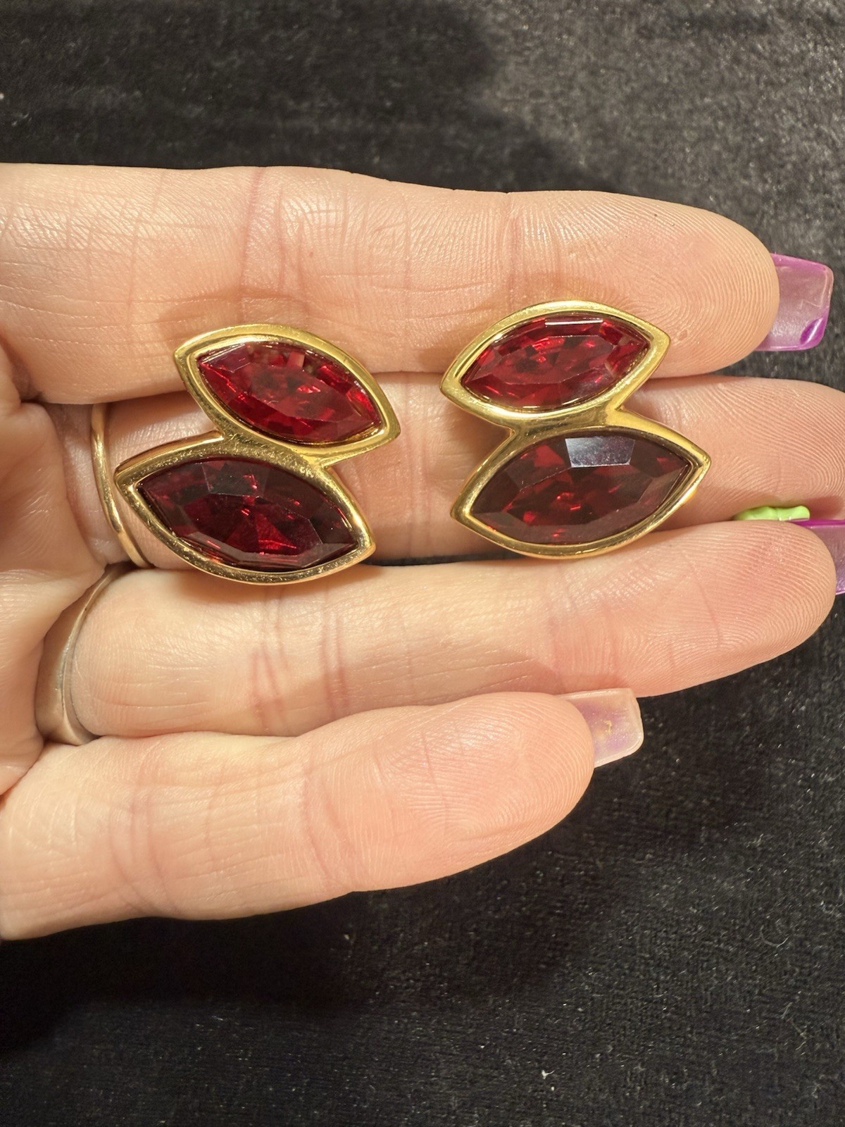 Vintage Swarovski SAL Red Crystal Gold Tone Earrings Signed