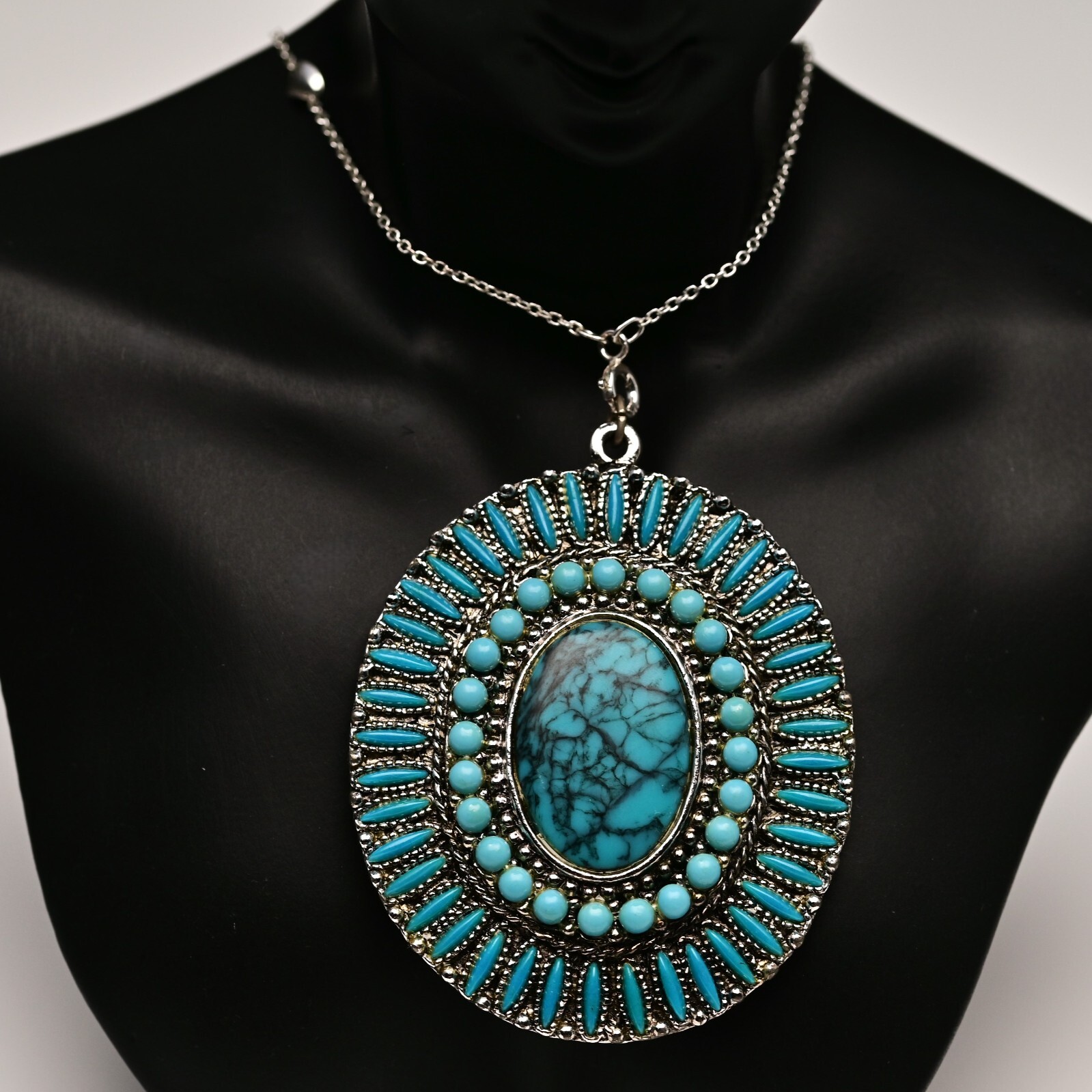 Original Vintage Native Silver Faux Turquoise Gemstone Pendant Estate Necklace