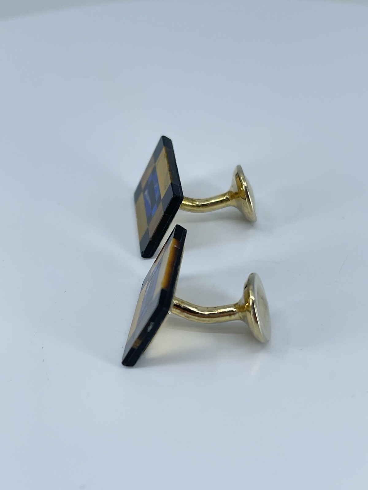 Vintage Onyx Lapis Tigers eye rectangle cufflinks polished gold tone fixed backs