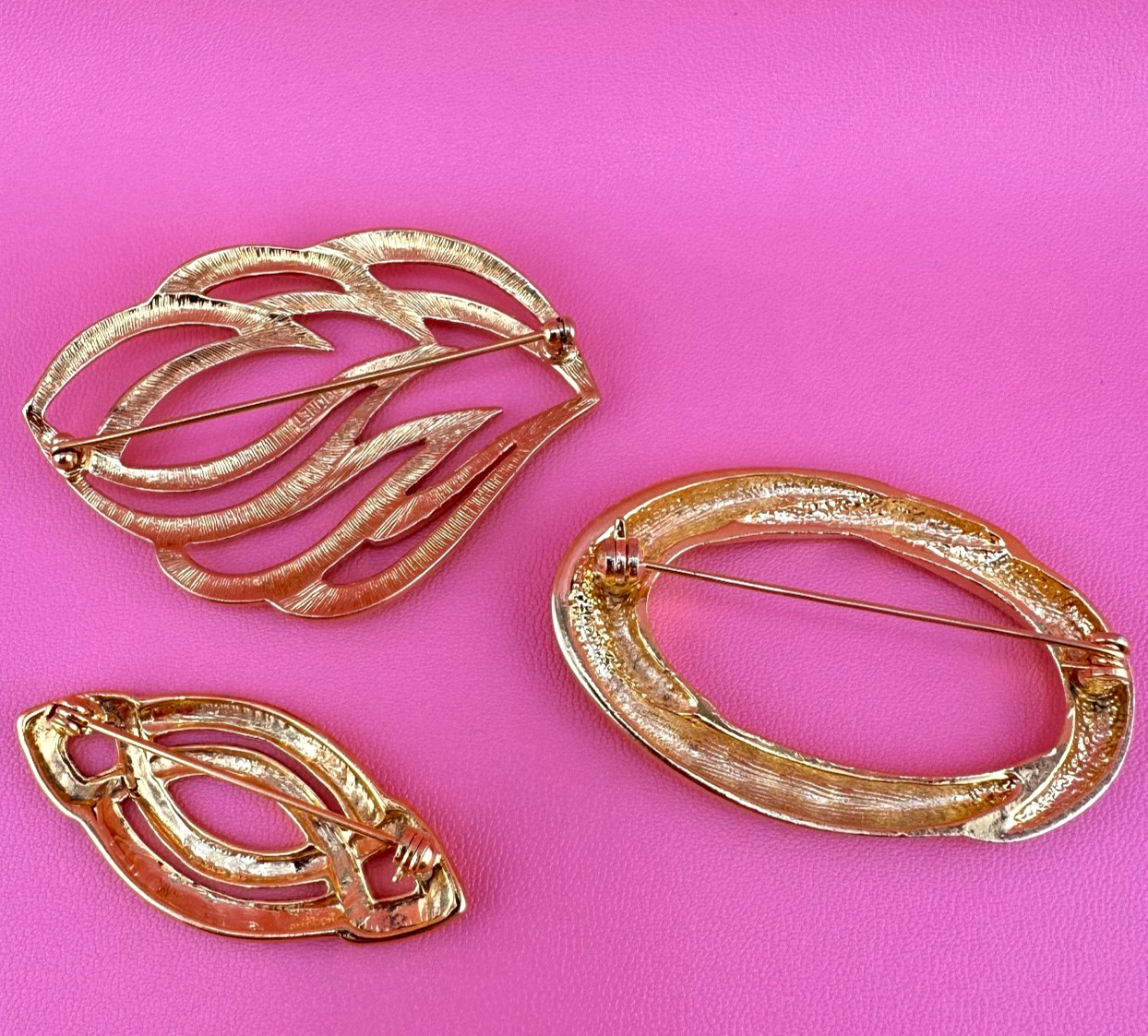 Vintage Brooch Lot Shiny Gold Tone 1990s Open Work Metal Oval Leaf Monet 1990s