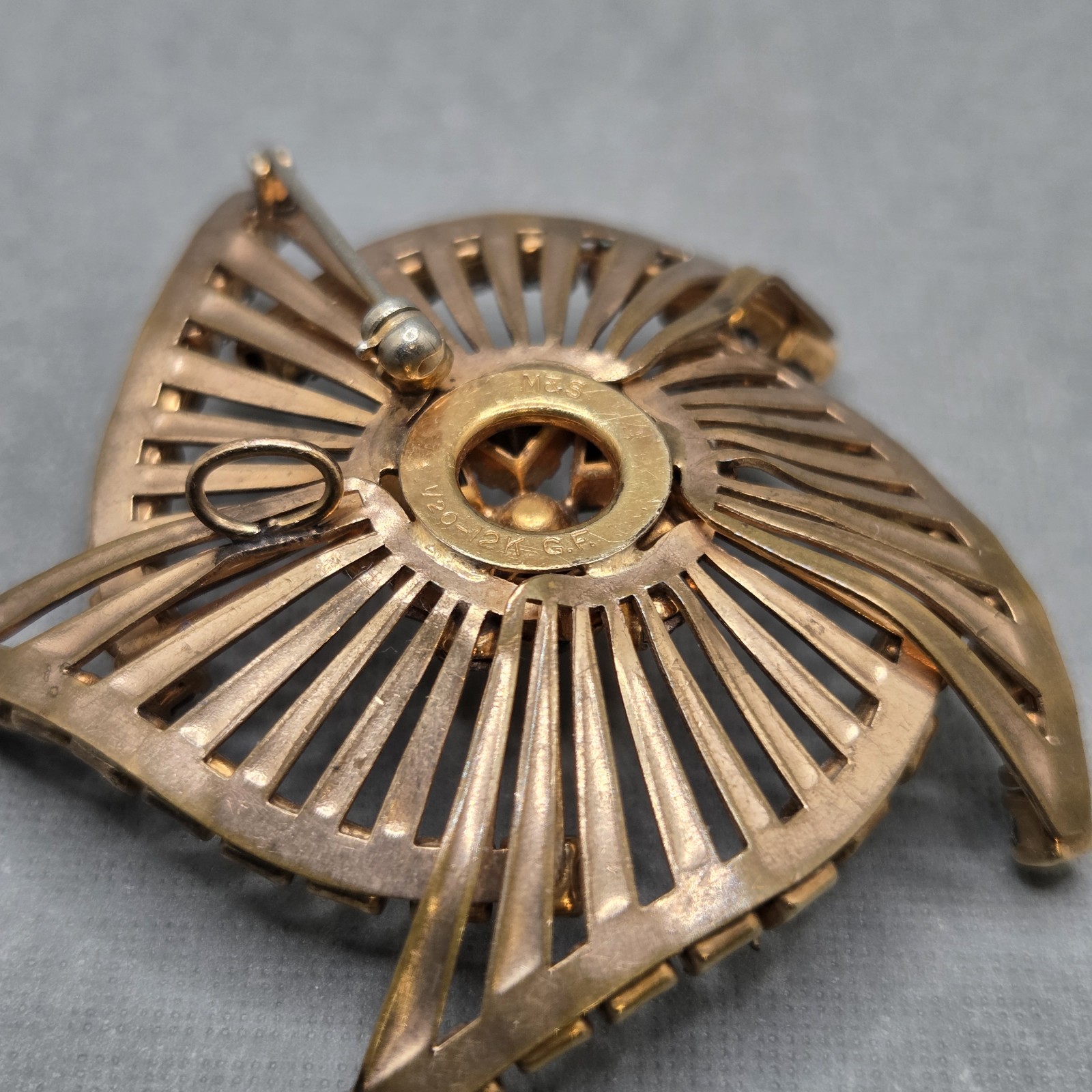 Vintage Signed M&S Gold Filled Rhinestone pinwheel Brooch