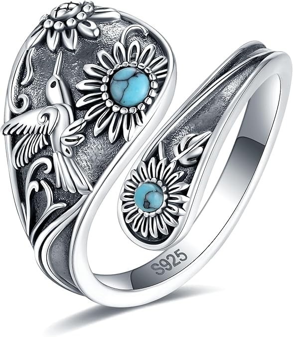 Vintage Boho Abalone Dragonfly Spoon Ring – Turquoise Floral Wrap Ring for Women
