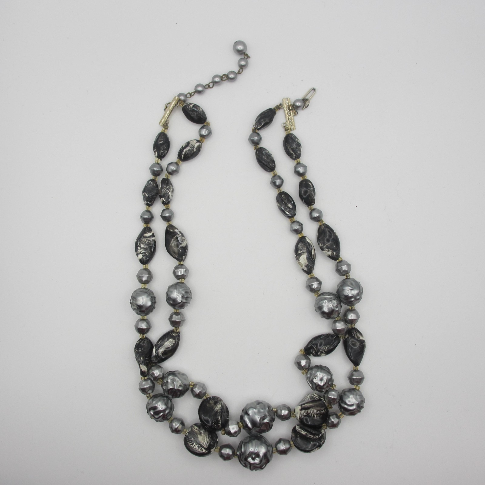 Vintage Hong Kong Necklace Beaded Black Gray Double Strand 23 Inch
