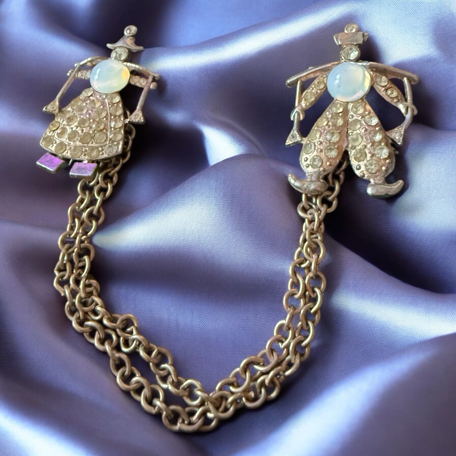 Opaline Glass Chatelaine Brooch Pot Metal Dutch Boy Girl Vintage 1940s
