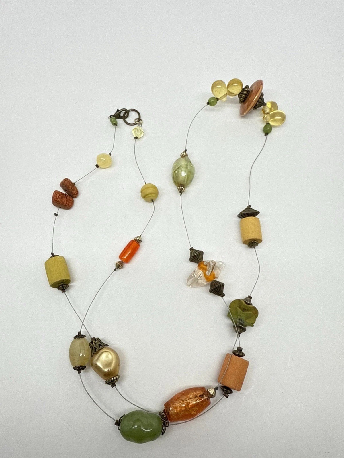 Vtg Artisan Mixed Glass Beads Wire Stations Necklace Multicolor Long Boho