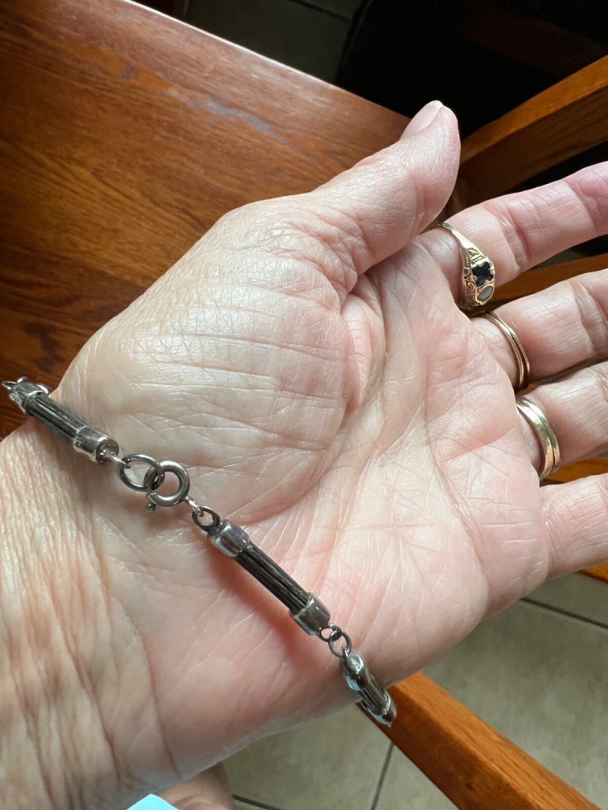 Unusual old sterling links with Buffalo bone, hair, horn Antique bracelet