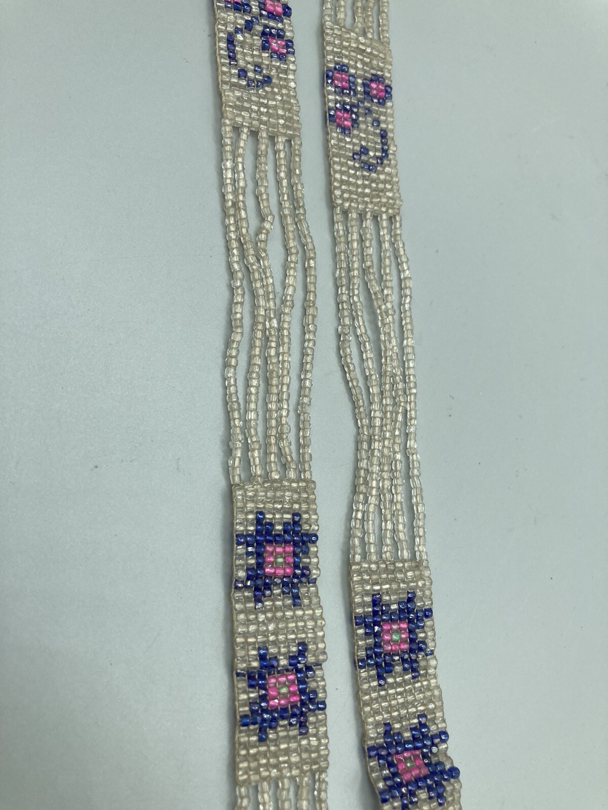 1920s Flapper Deco Sautoir Necklace, Very Good Antique Condition, Ecru/Blue/Pink