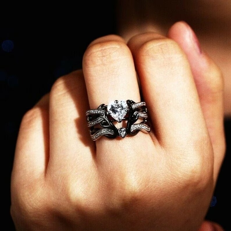 Beautiful Deer Antler Wedding Ring Set or Women With Heart Cut Moissanite Silver