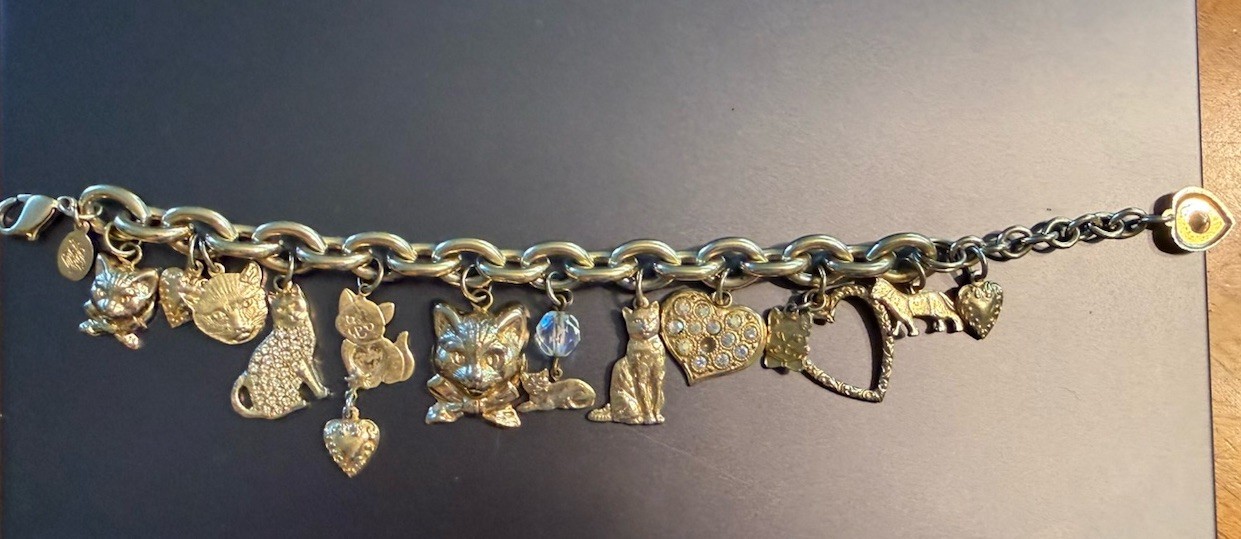 Vintage 1990s Kirks Folly Cat Charm Bracelet Gold Tone Rhinestones 12 Charms