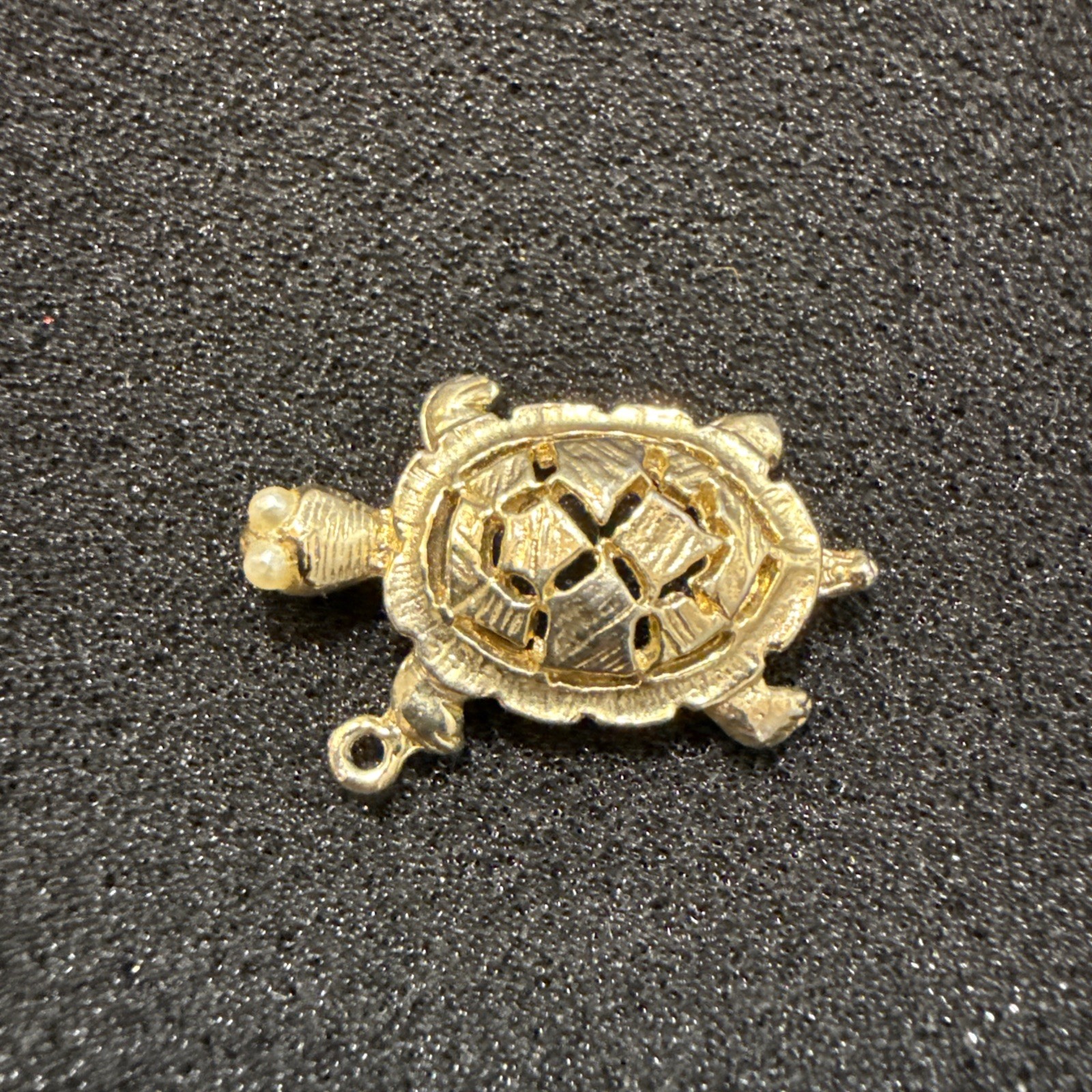 Vintage Detailed Gold Tone Turtle Pendant Pearl Eyes Lucky Tortoise Charm