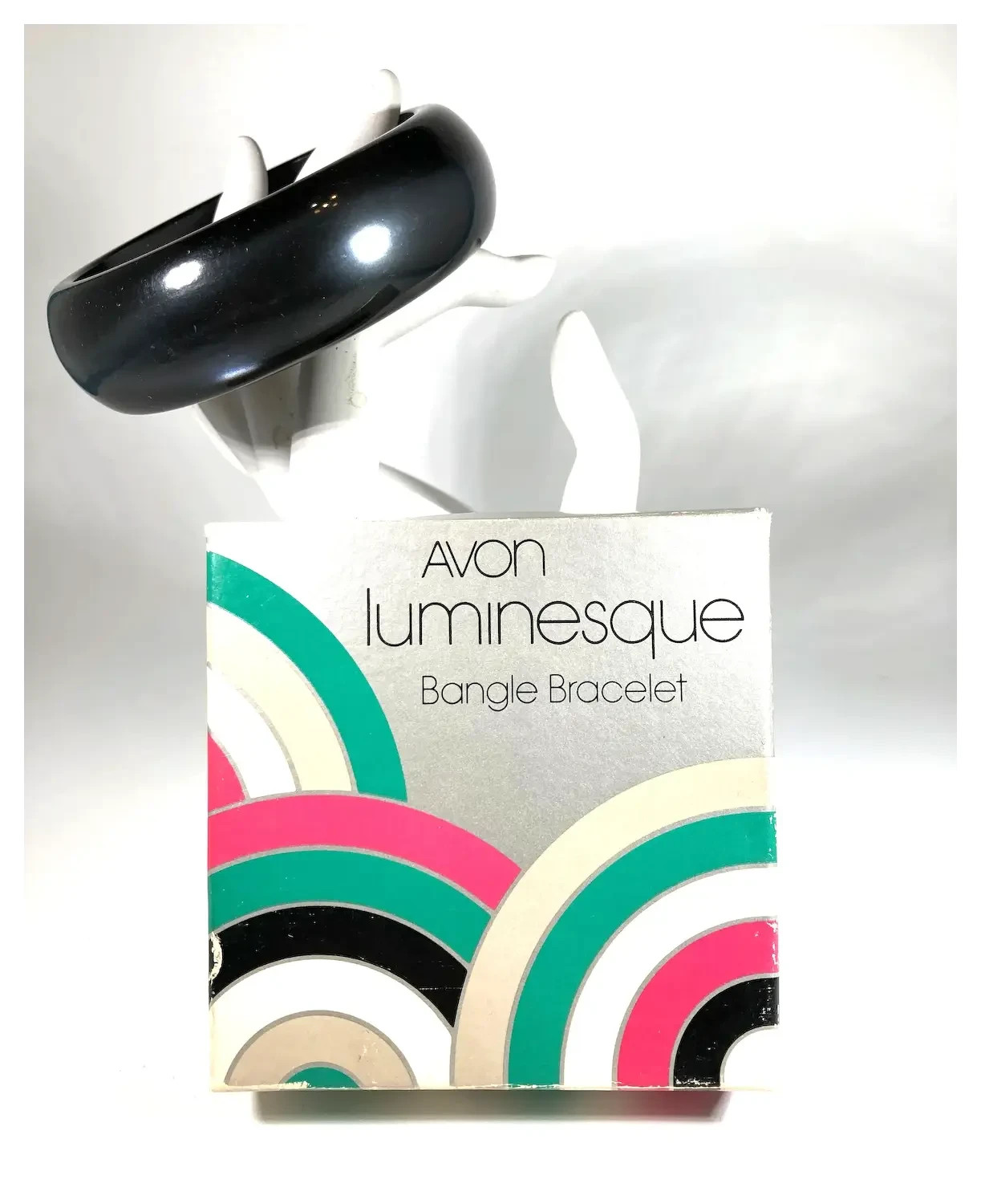 Avon Luminesque Moonglow Lucite Pearly Dark Charcoal Grey Bangle MIB 1977