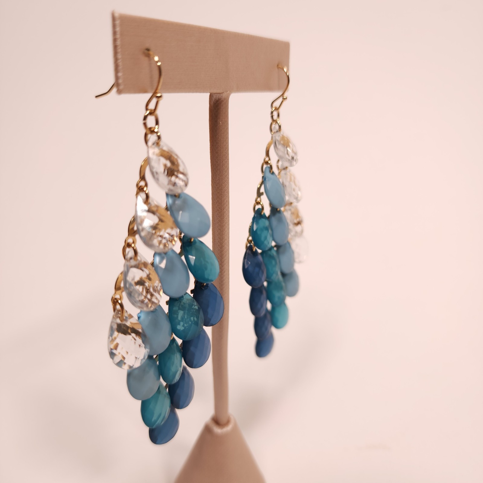 Avon Dangle Earrings Blue Teal Clear Nautical Beach Art Deco Gold Tone Fashion