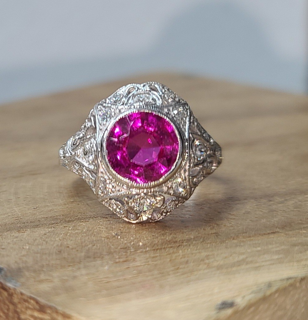 Vintage 14k White Gold Engagement Ring 2.92CT. Gem Pink Sapphire Round Cut