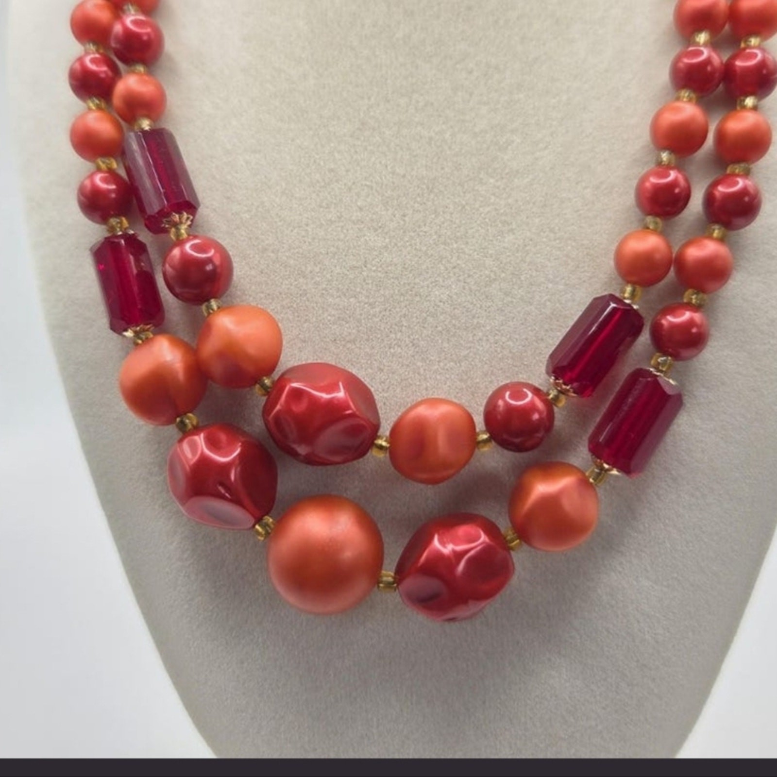 Red and Orange Vintage Mid-Century Japan Glass Bead Choker Necklace