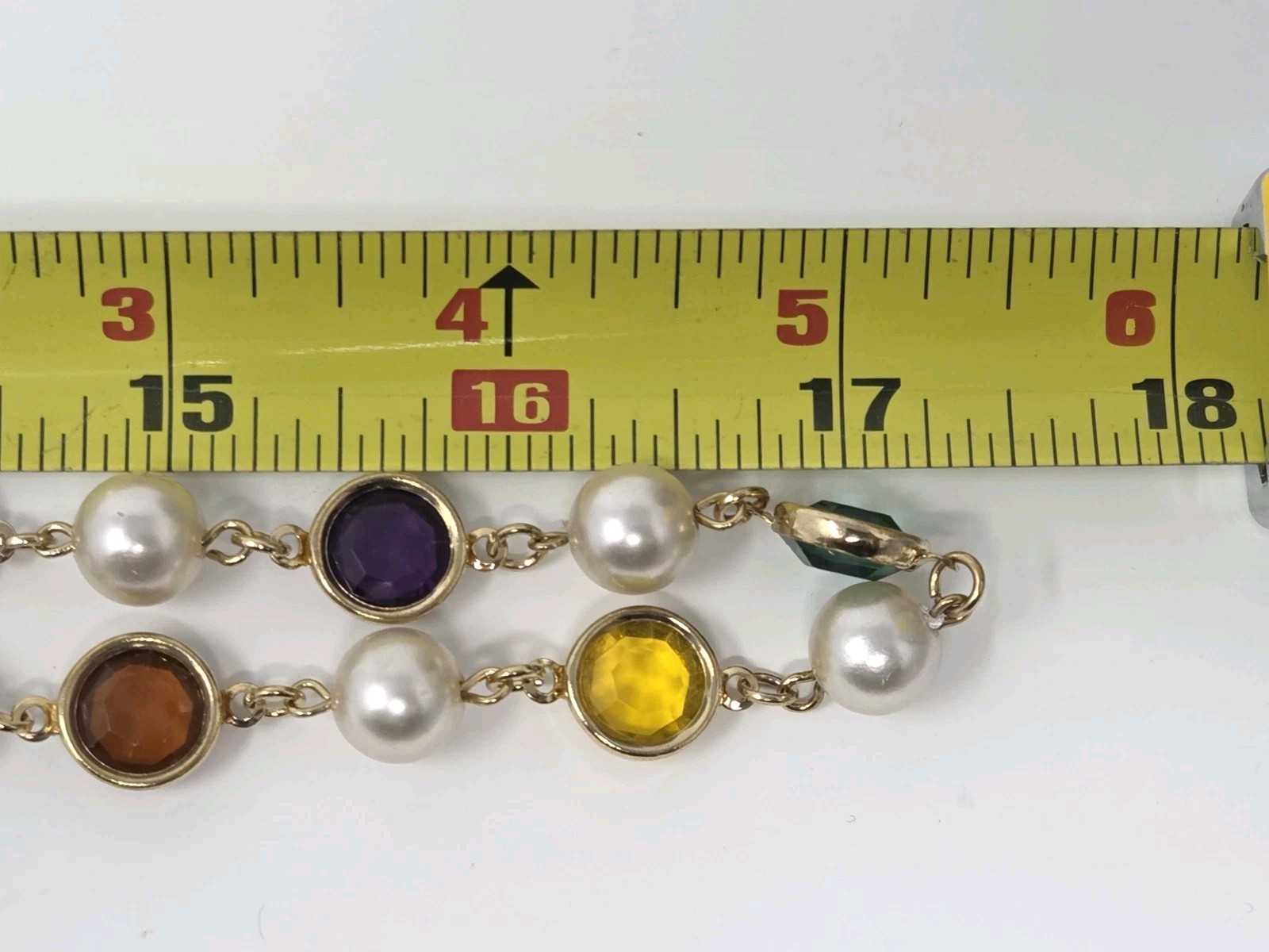 Faux Pearl & Multicolor Bezel Set Acrylic Crystal Necklace 35 Inches Vintage