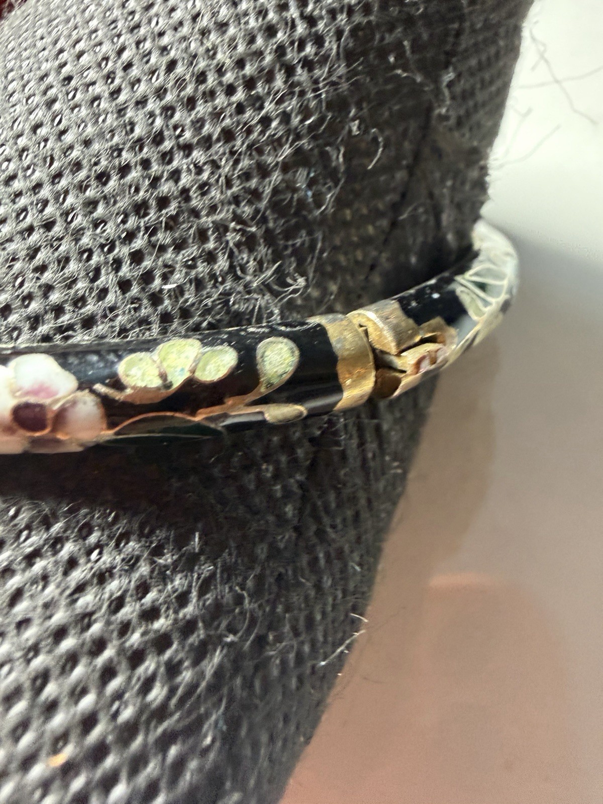 Vintage Cloisonne Enamel Floral Hinged Bangle Bracelet Black Background 2.8in