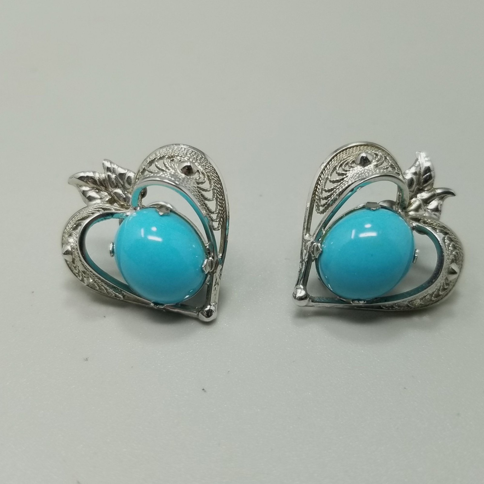 Vintage Sterling Silver Blue Cabochon Filigree Heart Clip On Screw Back Earrings