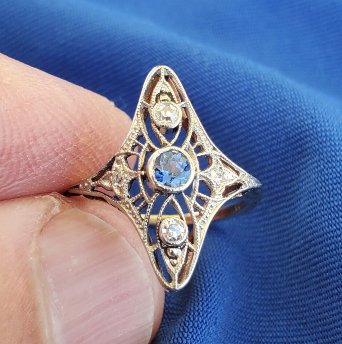 Original EARTH MINED SAPPHIRE DIAMOND Engagement Ring Antique Deco 14K GOLD S 5
