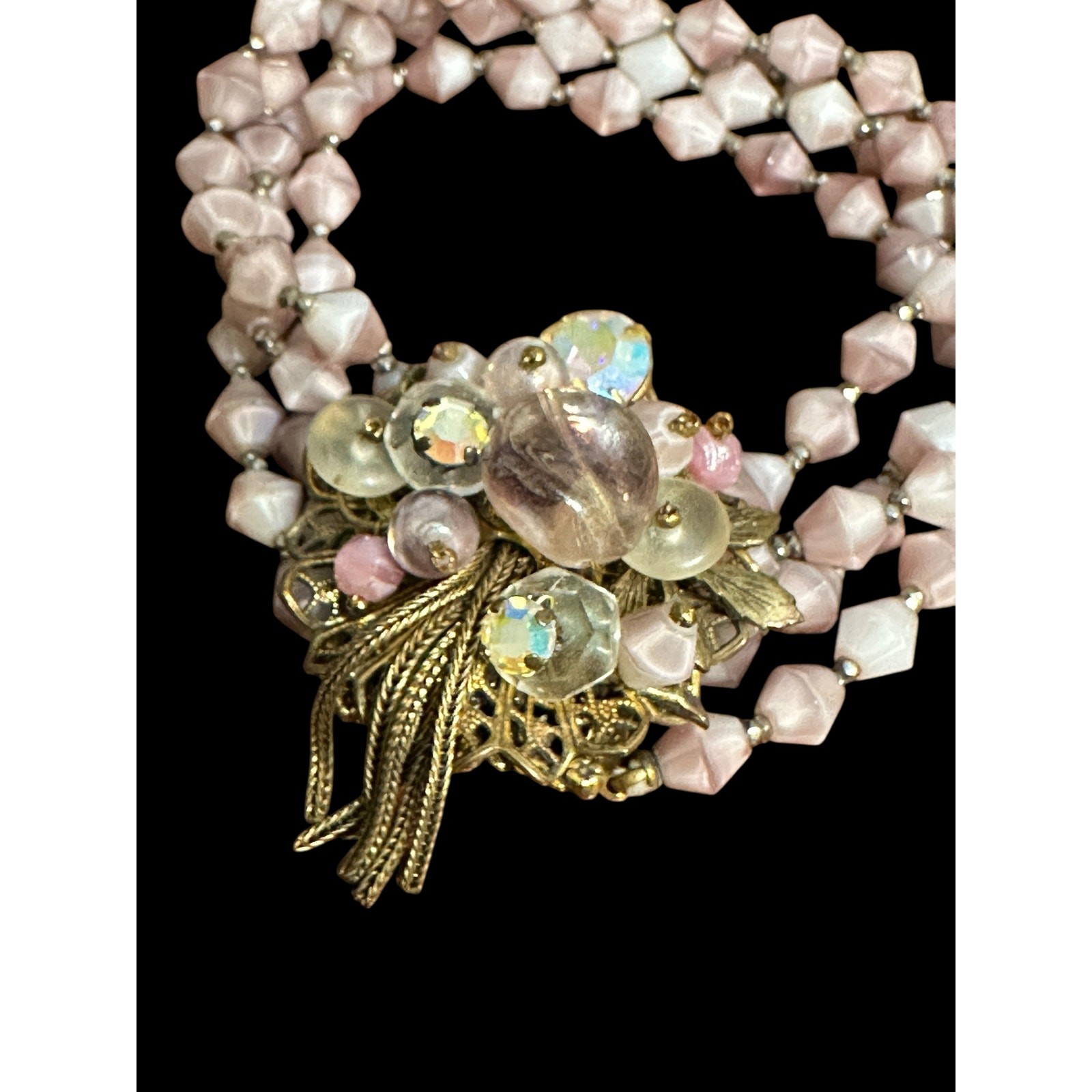 Vintage Pink Opaline Glass Multi Strand Bracelet AB Rhinestone Floral Tassel