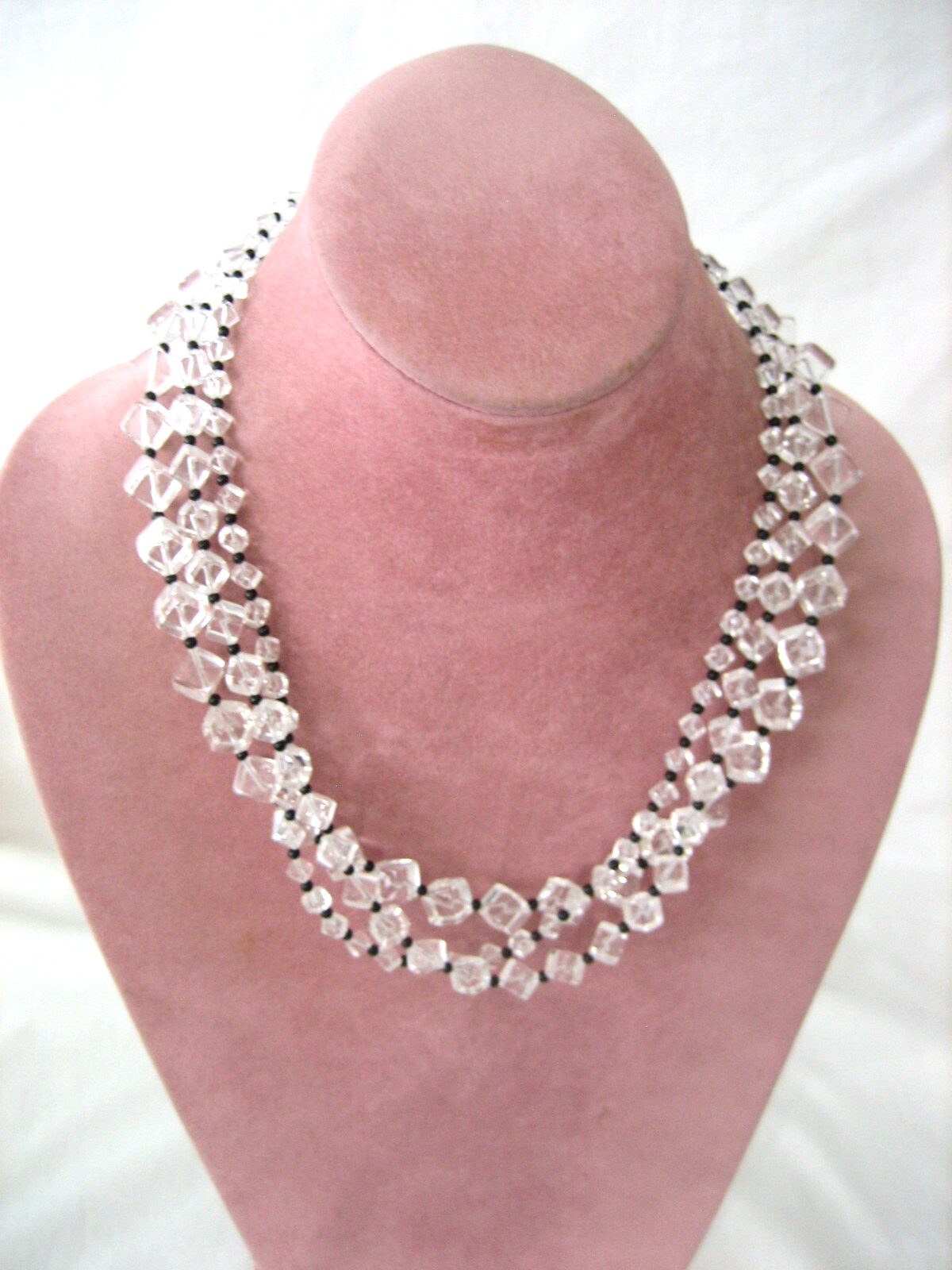 ART DECO VINTAGE ROCK CRYSTAL BEADS SQUARE CUT HOOK CLASP NECKLACE