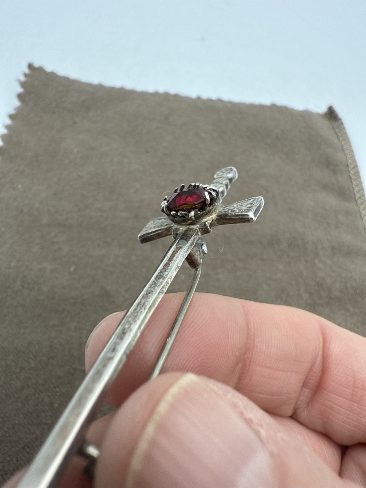 Vintage Sterling Silver Kilt Pin Cross Red Rhinestone Made in Great Britain